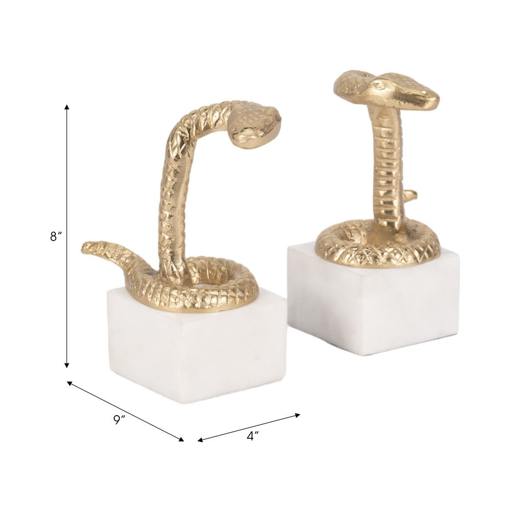 Snake Bookend Set of 2 | Textured Gold Aluminum | Square White Marble Base SBH-20723