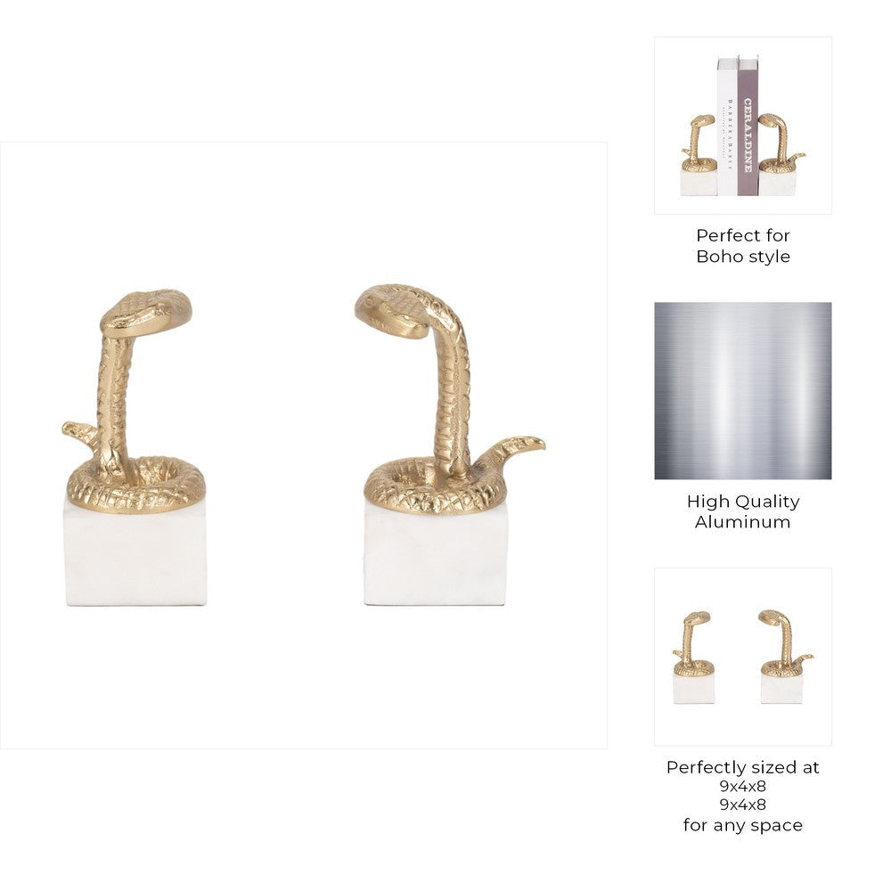 Snake Bookend Set of 2 | Textured Gold Aluminum | Square White Marble Base