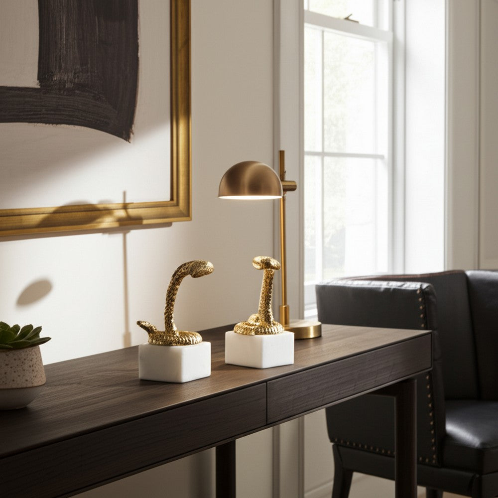 Snake Bookend Set of 2 | Textured Gold Aluminum | Square White Marble Base