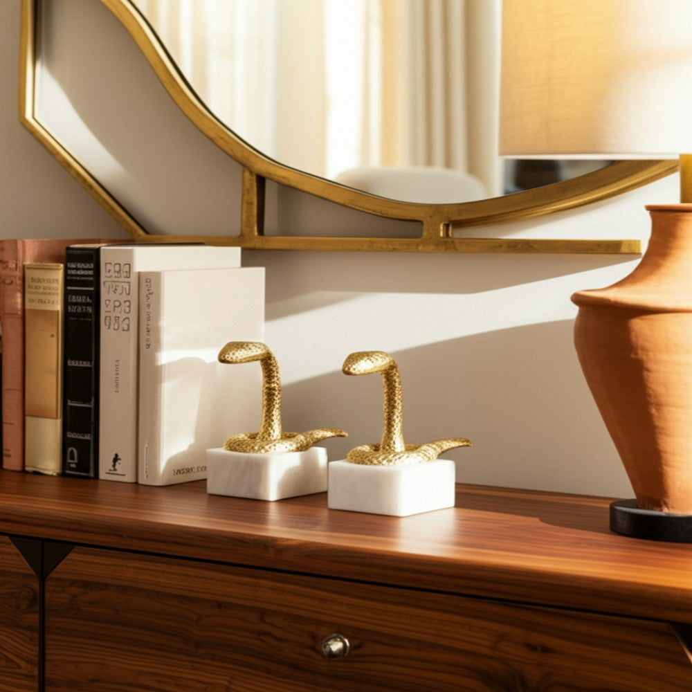Snake Bookend Set of 2 | Textured Gold Aluminum | Square White Marble Base