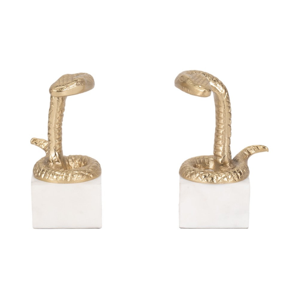 Snake Bookend Set of 2 | Textured Gold Aluminum | Square White Marble Base