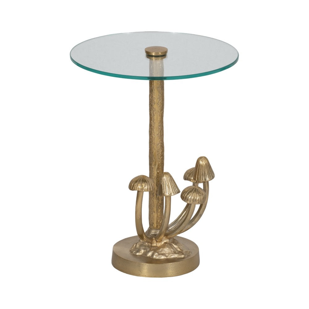 Lyari Accent Table | Mushrooms Stem Base | 15" Round Glass Top | Gold Base