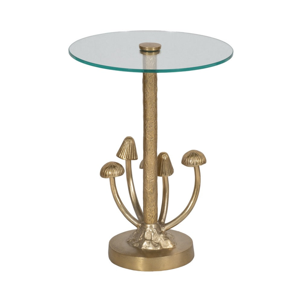 Lyari Accent Table | Mushrooms Stem Base | 15" Round Glass Top | Gold Base