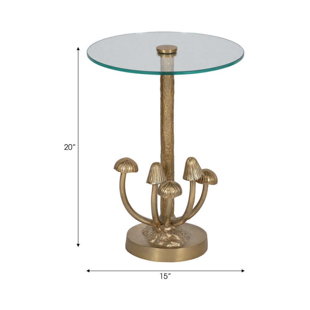Lyari Accent Table | Mushrooms Stem Base | 15" Round Glass Top | Gold Base