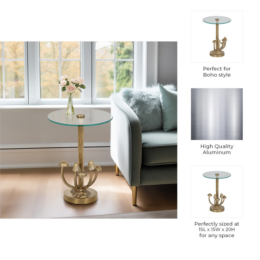 Lyari Accent Table | Mushrooms Stem Base | 15" Round Glass Top | Gold Base