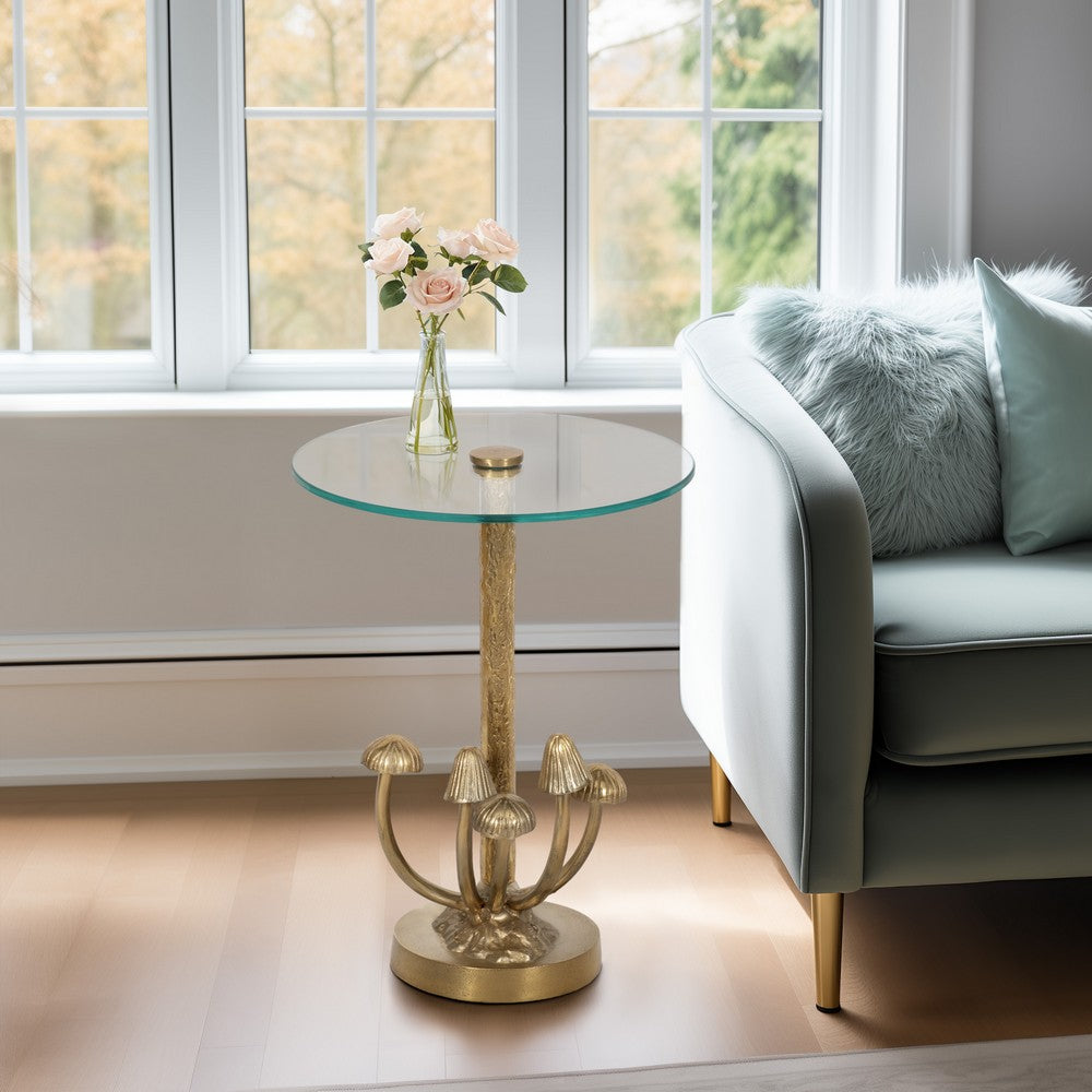 Lyari Accent Table | Mushrooms Stem Base | 15" Round Glass Top | Gold Base