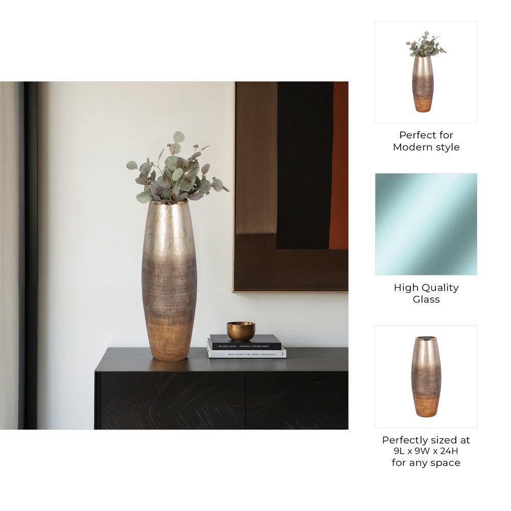 Decorative Flower Vase | Curved Glass Tall Body w Metallic Gold Ombre