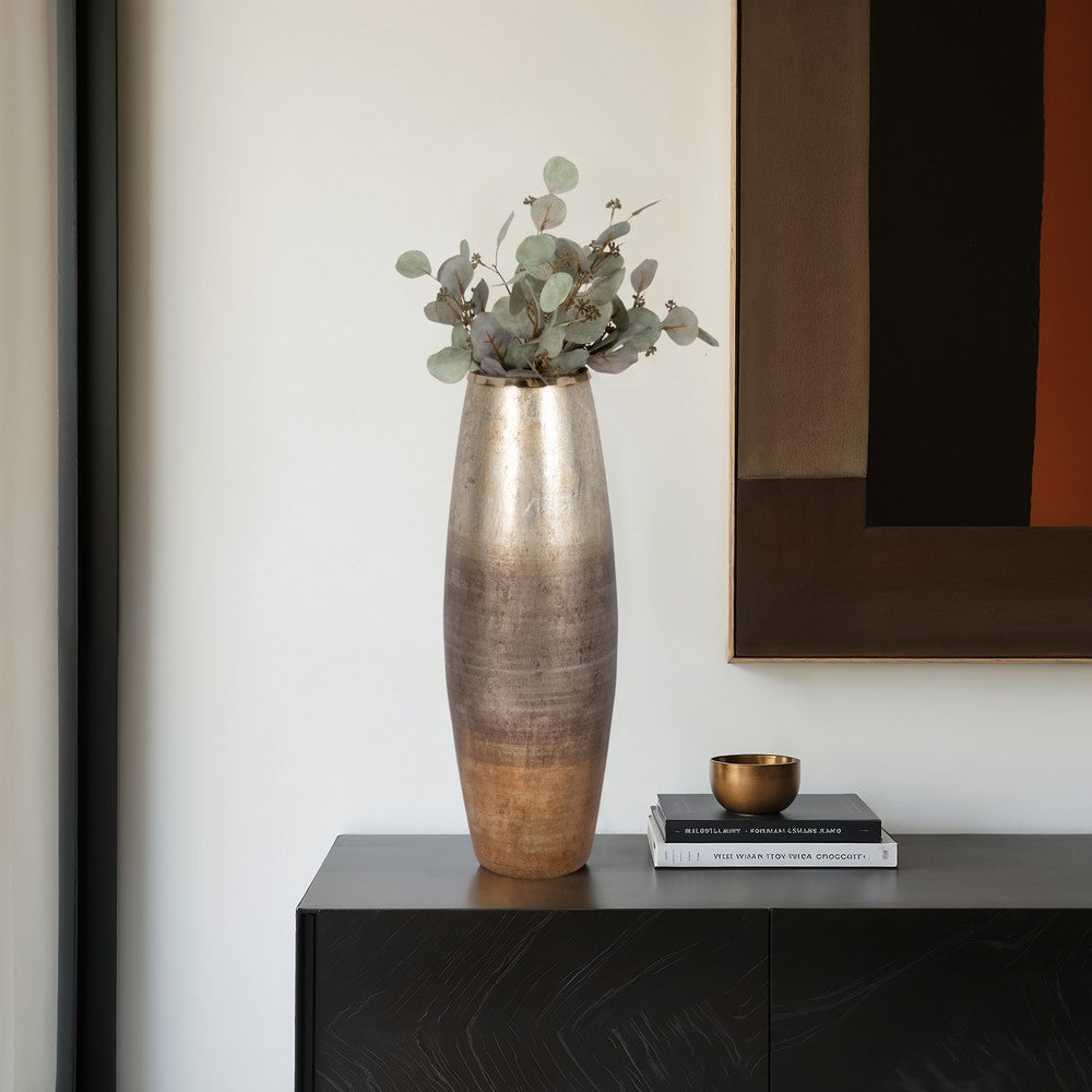 Decorative Flower Vase | Curved Glass Tall Body w Metallic Gold Ombre