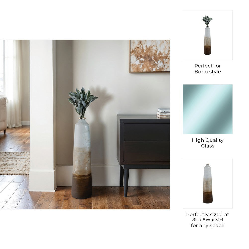 31" Tall Floor Vase | Cylinder Shape | White & Gold Ombre Finish