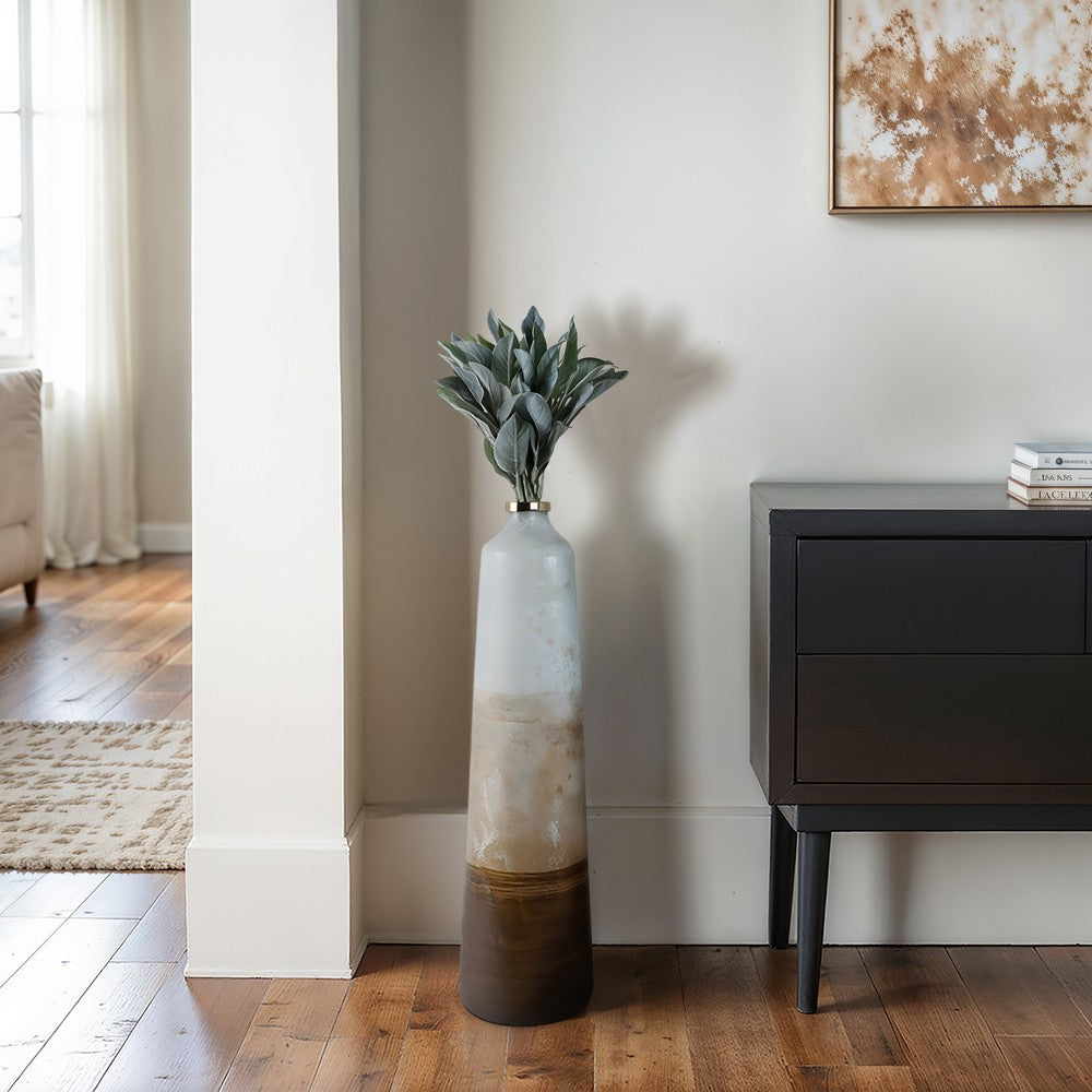 31" Tall Floor Vase | Cylinder Shape | White & Gold Ombre Finish
