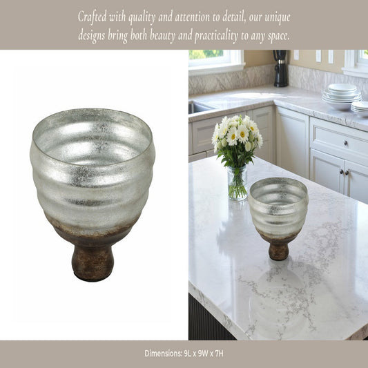 Ribbed Pedestal Decor Bowl | Silvertone & Brown Metallic Ombre Finish | 9" Glass