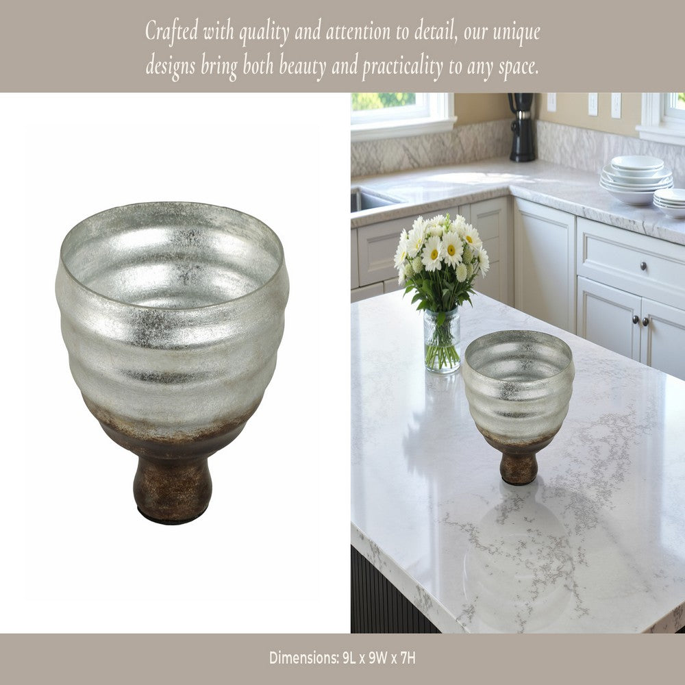 Ribbed Pedestal Decor Bowl | Silvertone & Brown Metallic Ombre Finish | 9" Glass