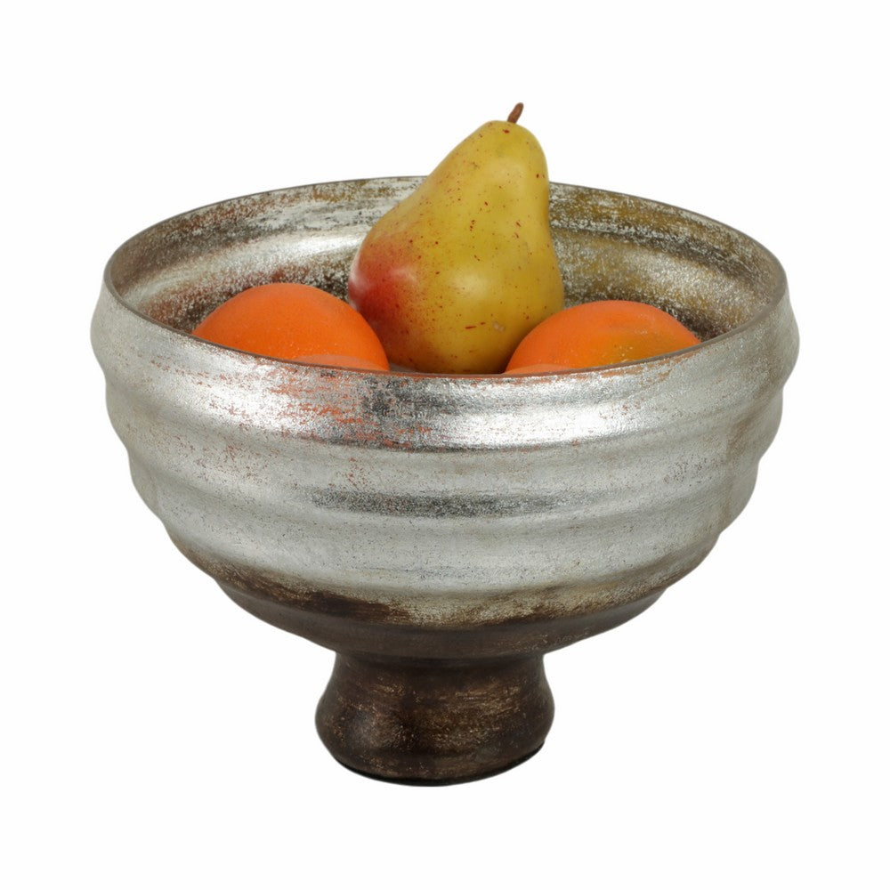 Ribbed Pedestal Decor Bowl | Silvertone & Brown Metallic Ombre Finish | 9" Glass