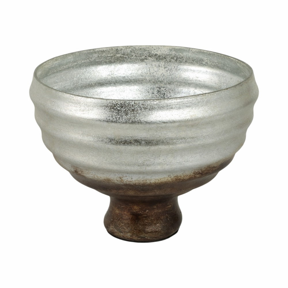Ribbed Pedestal Decor Bowl | Silvertone & Brown Metallic Ombre Finish | 9" Glass