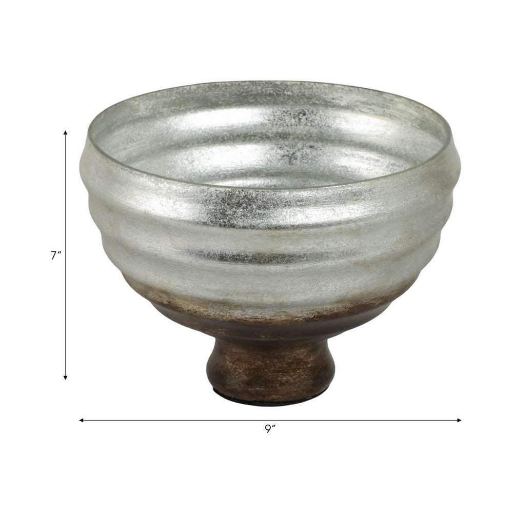 Ribbed Pedestal Decor Bowl | Silvertone & Brown Metallic Ombre Finish | 9" Glass