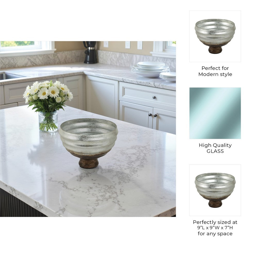 Ribbed Pedestal Decor Bowl | Silvertone & Brown Metallic Ombre Finish | 9" Glass