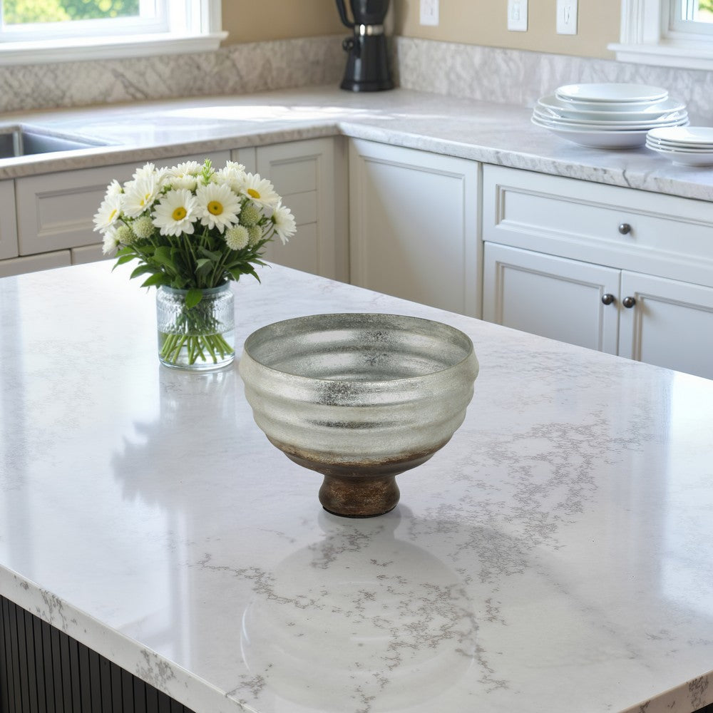 Ribbed Pedestal Decor Bowl | Silvertone & Brown Metallic Ombre Finish | 9" Glass