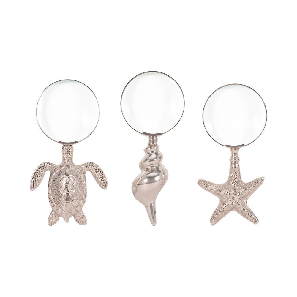 Decorative Magnifying Glass Set of 3 | Coastal Icon Handles | Silver Metal