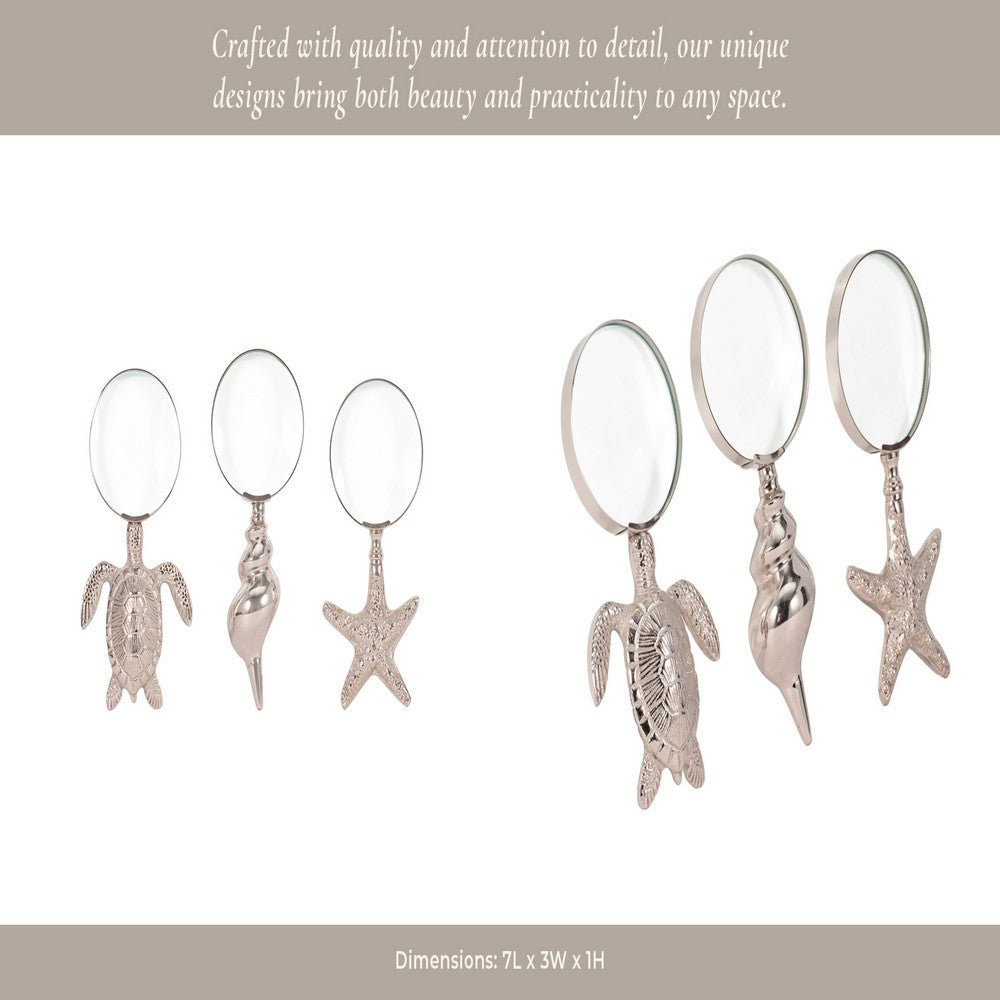 Decorative Magnifying Glass Set of 3 | Coastal Icon Handles | Silver Metal