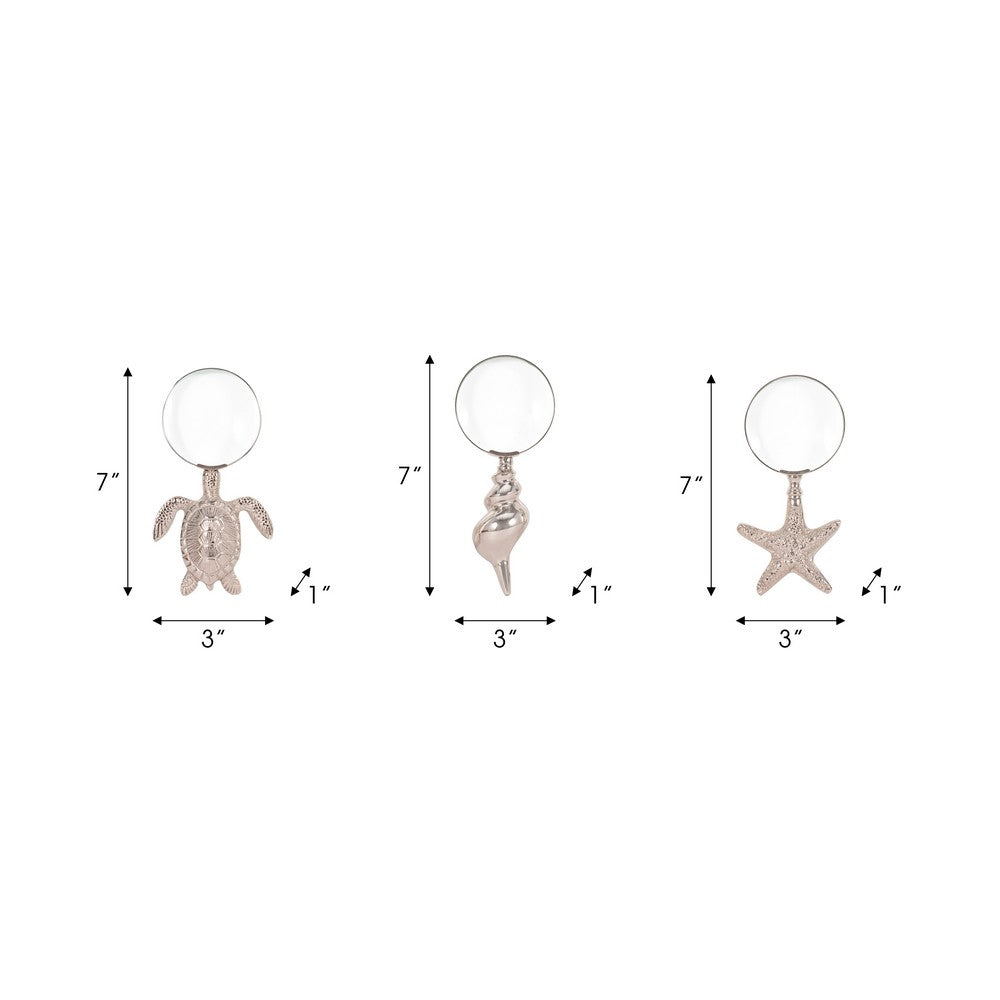 Decorative Magnifying Glass Set of 3 | Coastal Icon Handles | Silver Metal