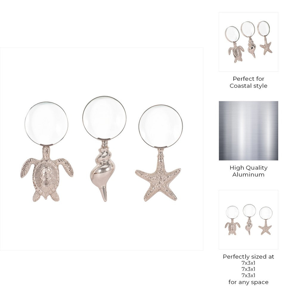 Decorative Magnifying Glass Set of 3 | Coastal Icon Handles | Silver Metal