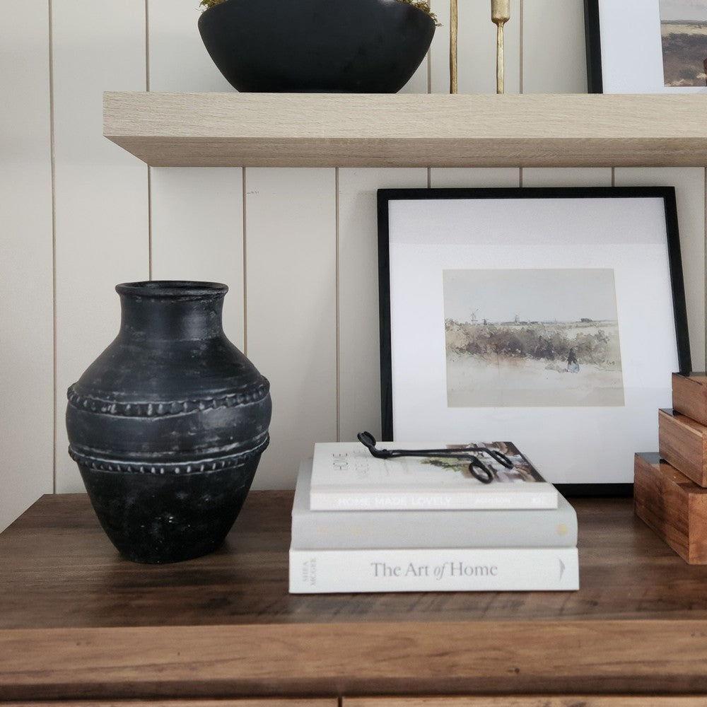 Traditional Flower Vase | Classic Textured Bands | 12" Black Terracotta