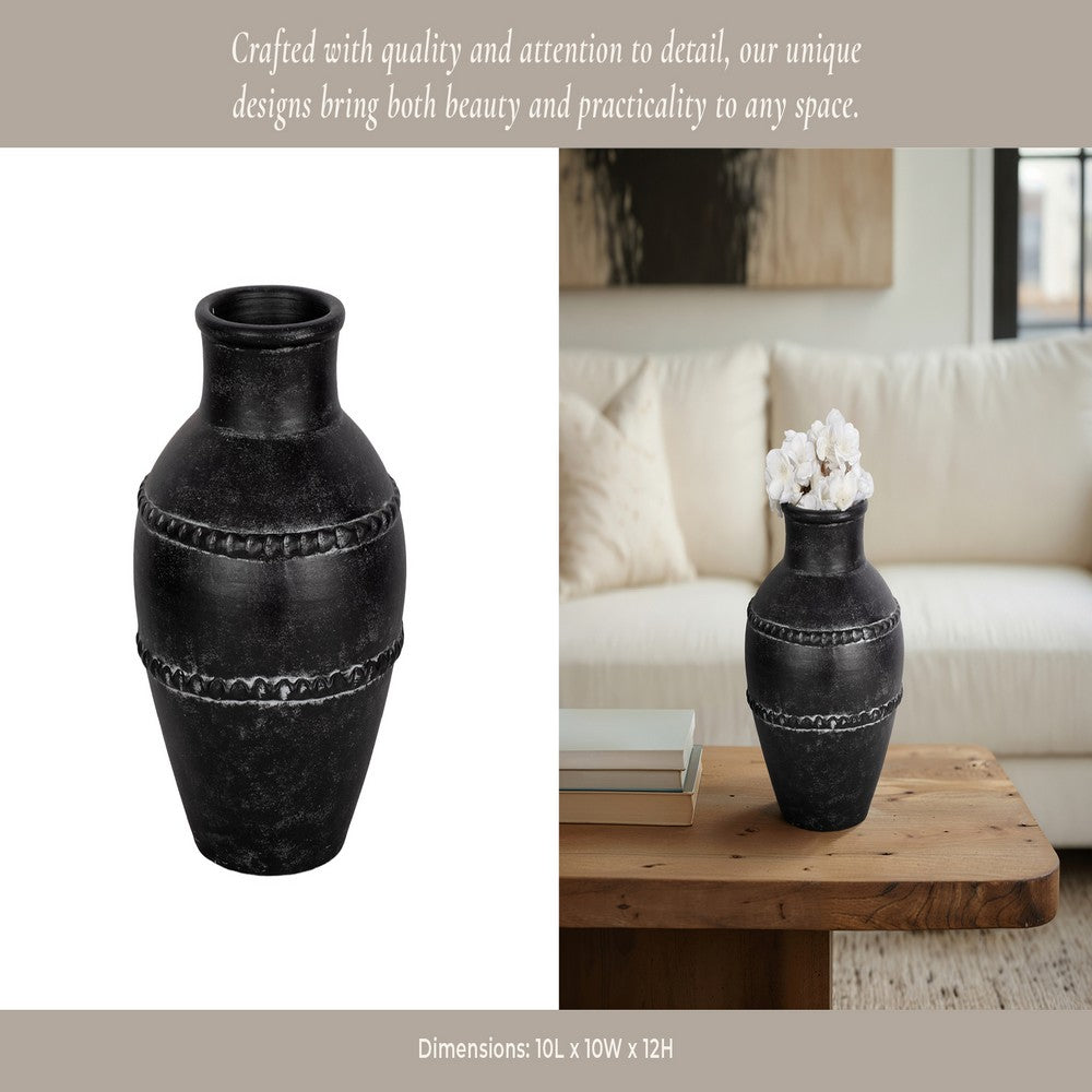 Traditional Flower Vase | Classic Textured Bands | 12" Black Terracotta