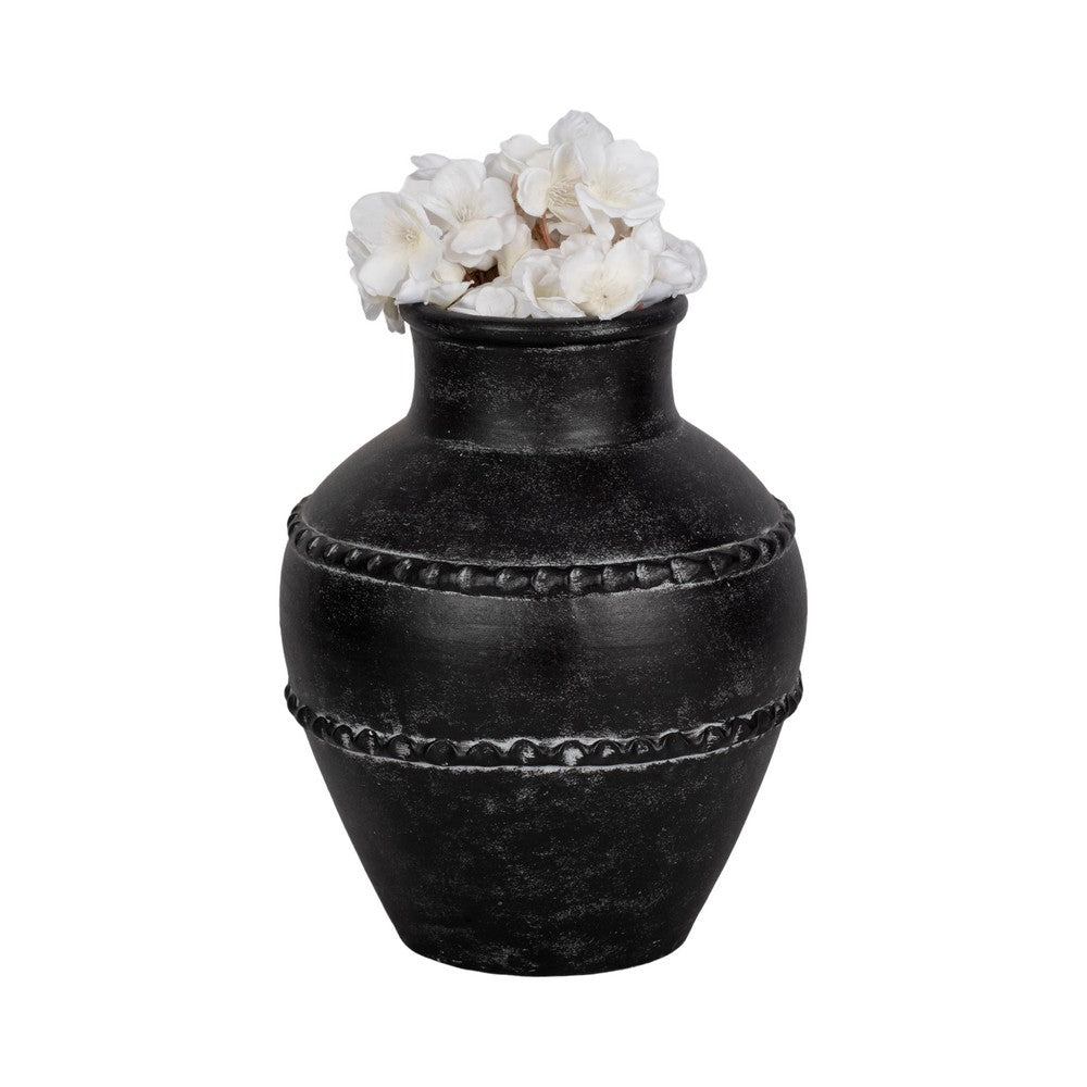 Traditional Flower Vase | Classic Textured Bands | 12" Black Terracotta