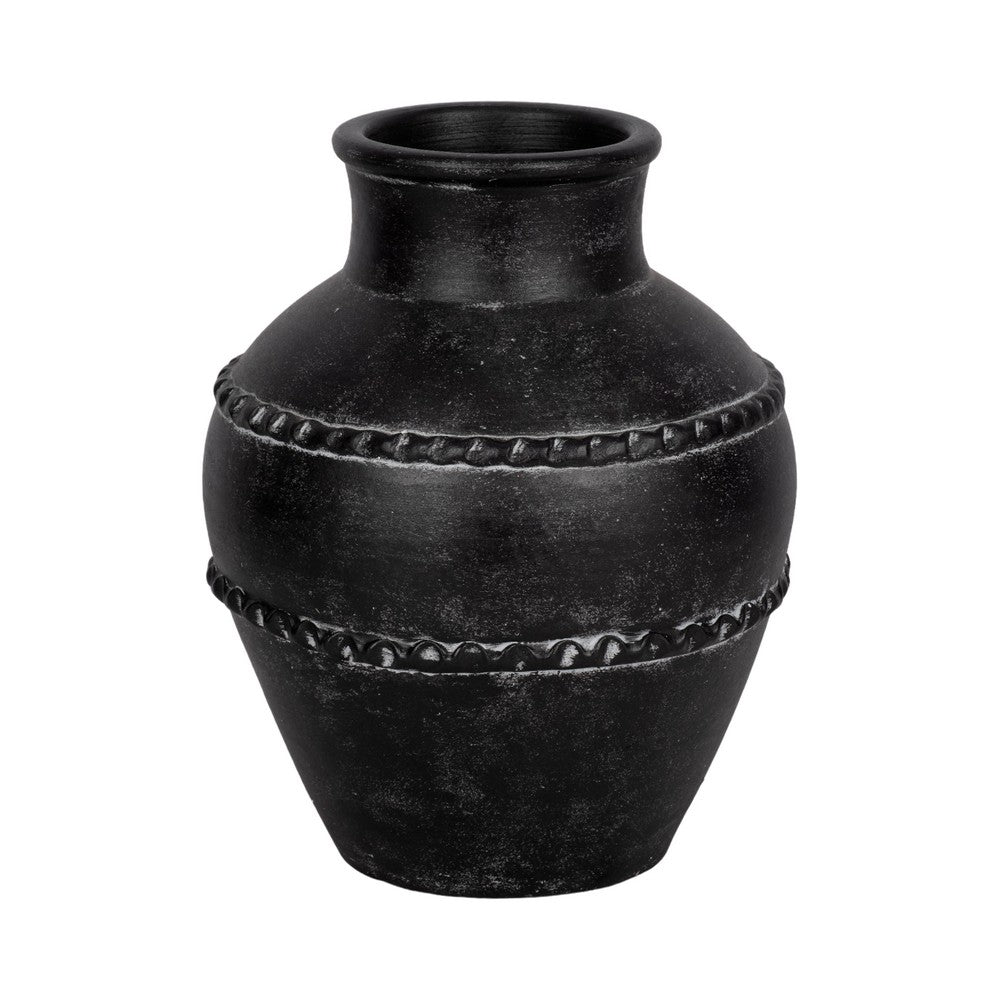 Traditional Flower Vase | Classic Textured Bands | 12" Black Terracotta