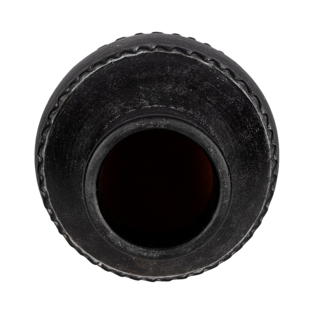 Traditional Flower Vase | Classic Textured Bands | 12" Black Terracotta