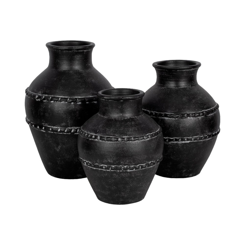 Traditional Flower Vase | Classic Textured Bands | 12" Black Terracotta