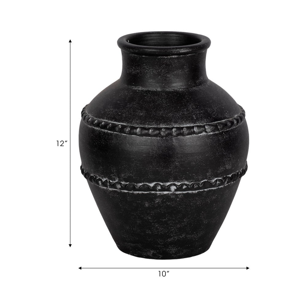 Traditional Flower Vase | Classic Textured Bands | 12" Black Terracotta