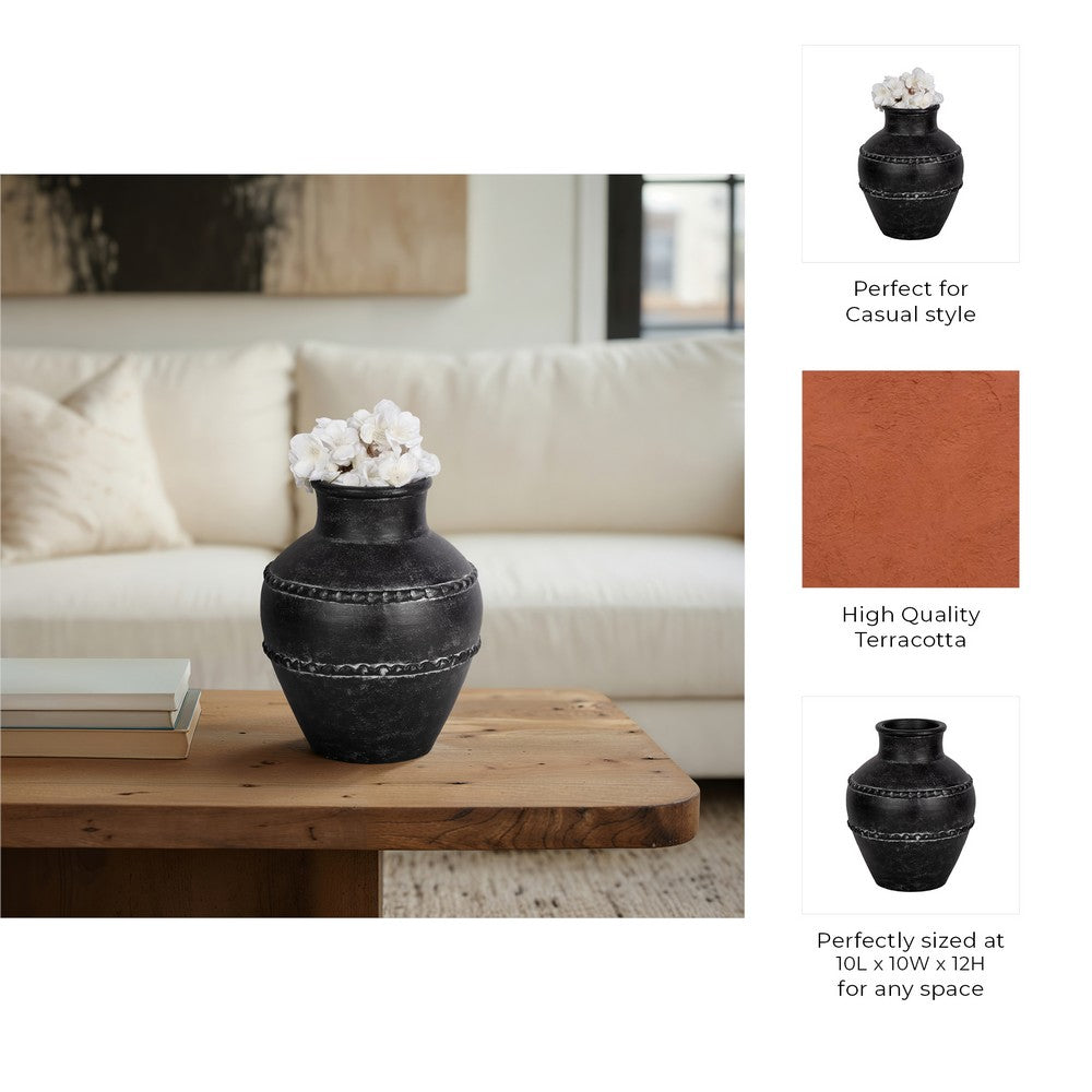 Traditional Flower Vase | Classic Textured Bands | 12" Black Terracotta