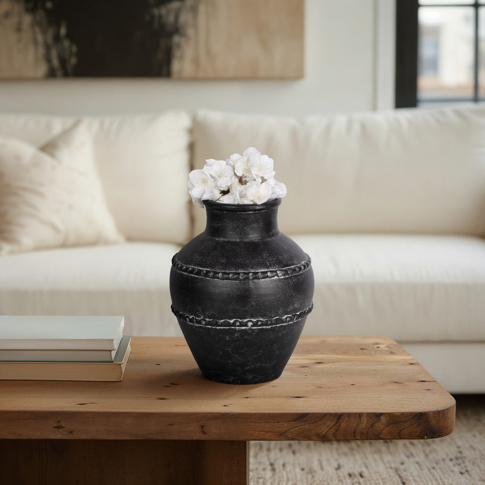 Traditional Flower Vase | Classic Textured Bands | 12" Black Terracotta