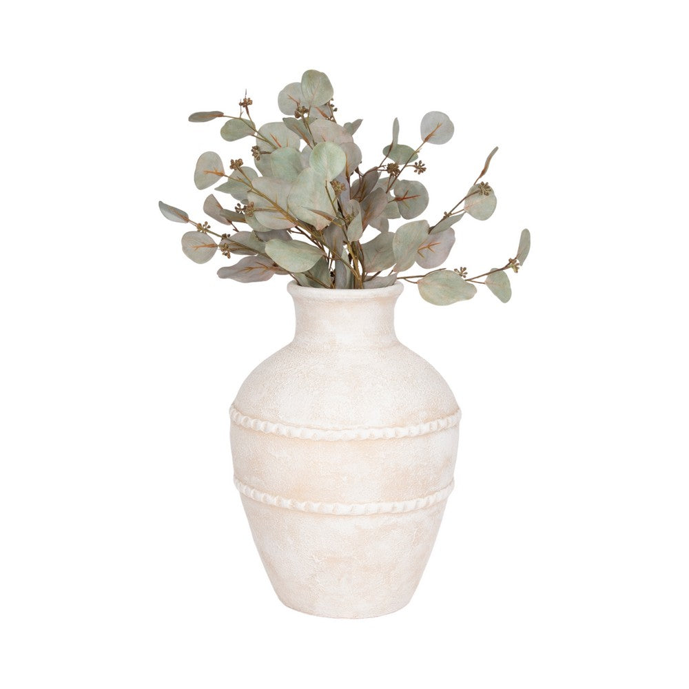 Traditional Flower Vase | 16" Textured Ivory Terracotta w Raised Band