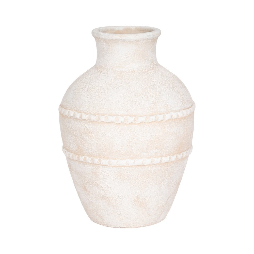 Traditional Flower Vase | 16" Textured Ivory Terracotta w Raised Band