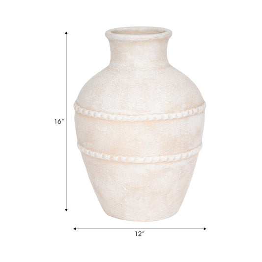 Traditional Flower Vase | 16" Textured Ivory Terracotta w Raised Band