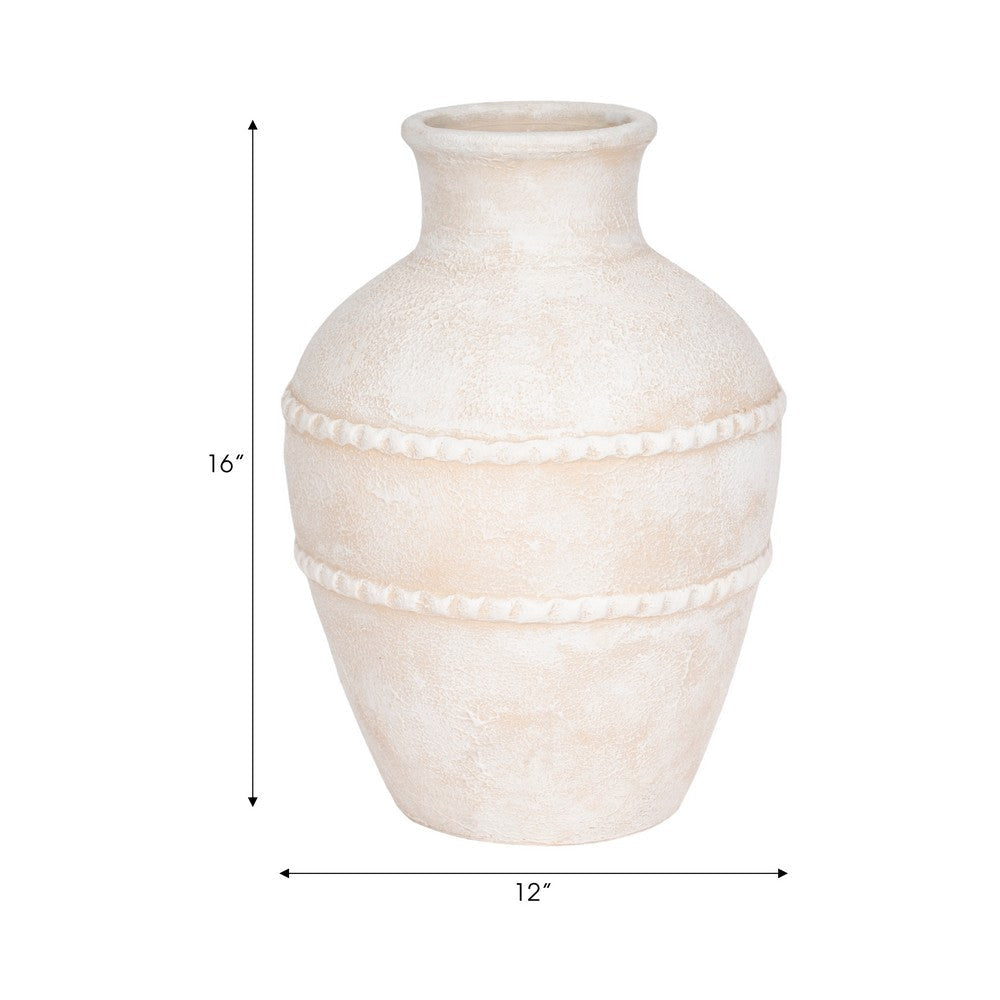 Traditional Flower Vase | 16" Textured Ivory Terracotta w Raised Band