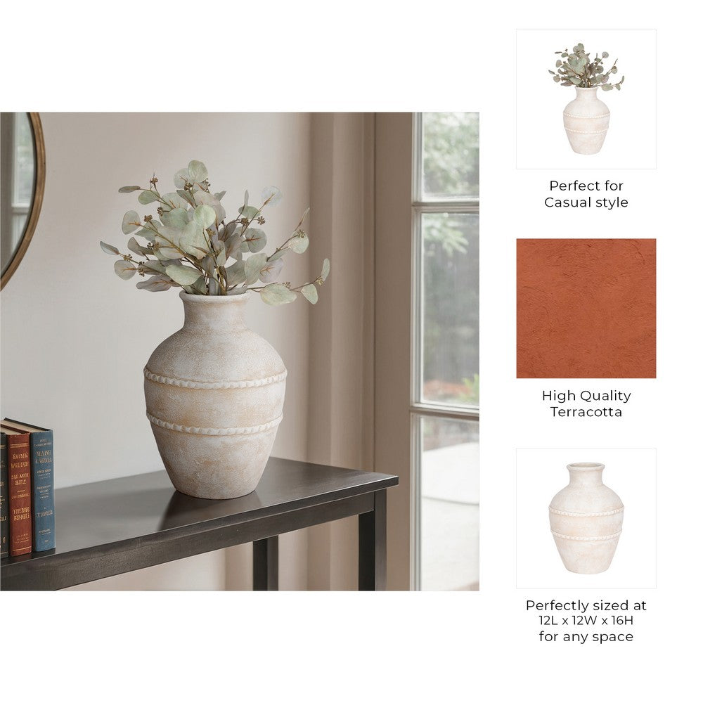 Traditional Flower Vase | 16" Textured Ivory Terracotta w Raised Band