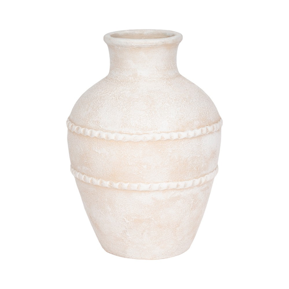Traditional Flower Vase | 16" Textured Ivory Terracotta w Raised Band