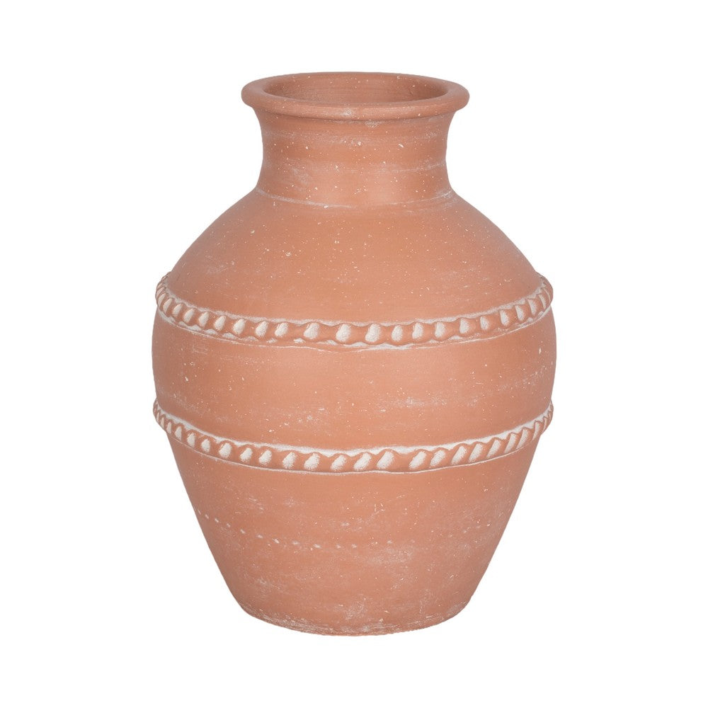 Decorative Vase | Red Terracotta with White Embossed Bands | 14"