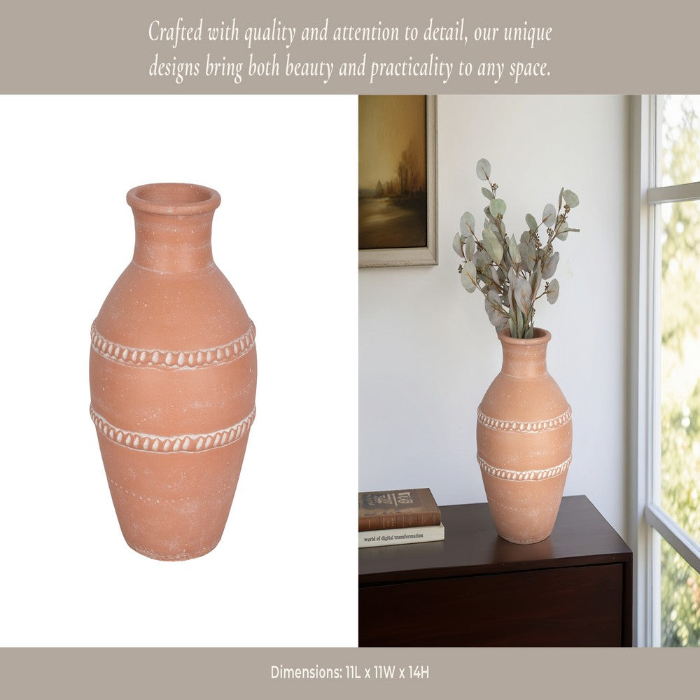 Decorative Vase | Red Terracotta with White Embossed Bands | 14"