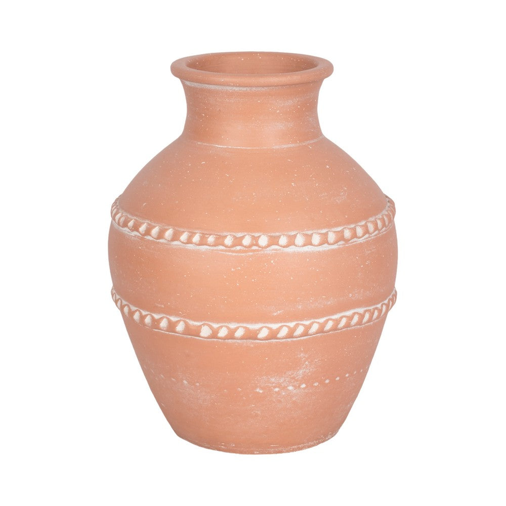 Decorative Vase | Red Terracotta with White Embossed Bands | 14"
