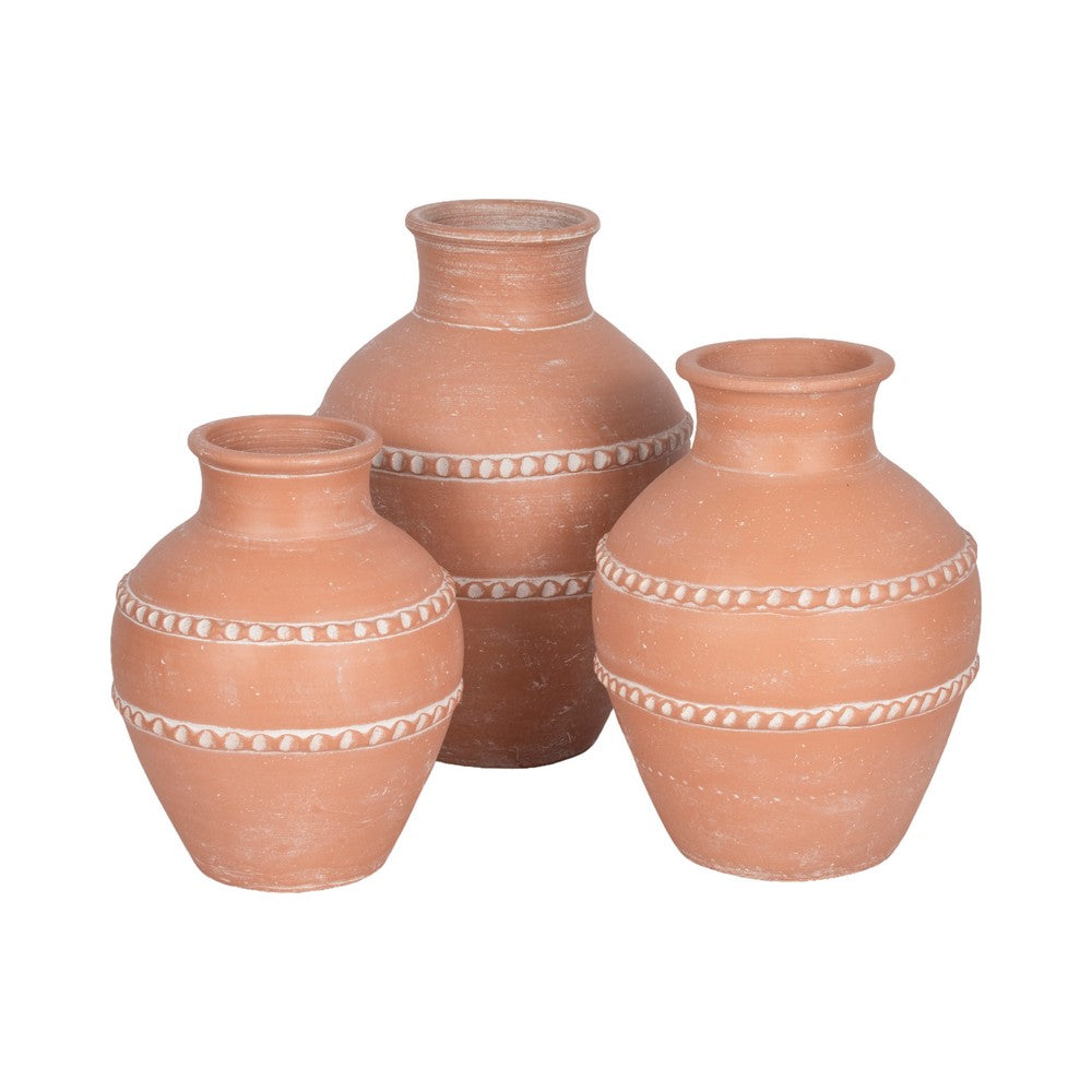 Decorative Vase | Red Terracotta with White Embossed Bands | 14"