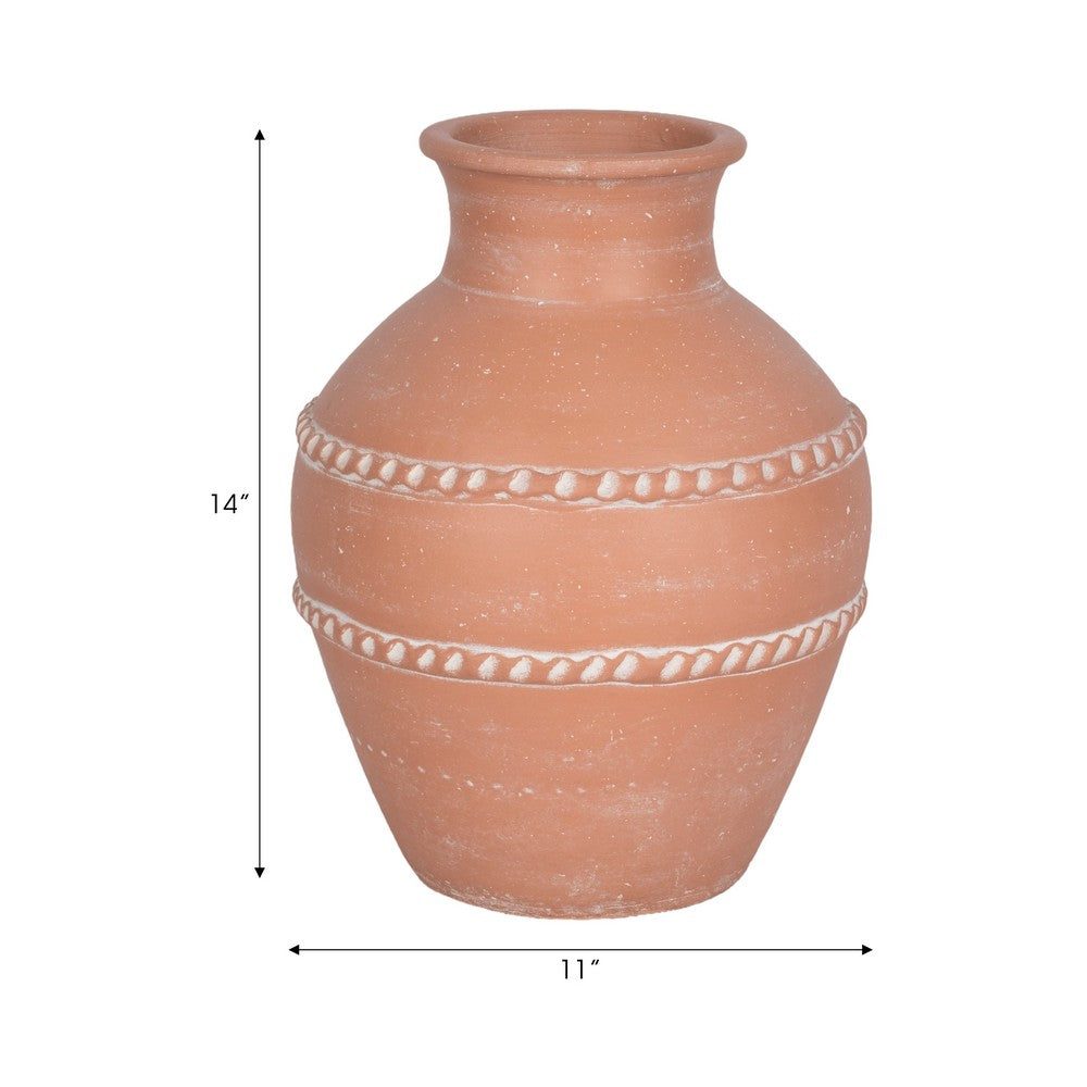 Decorative Vase | Red Terracotta with White Embossed Bands | 14"