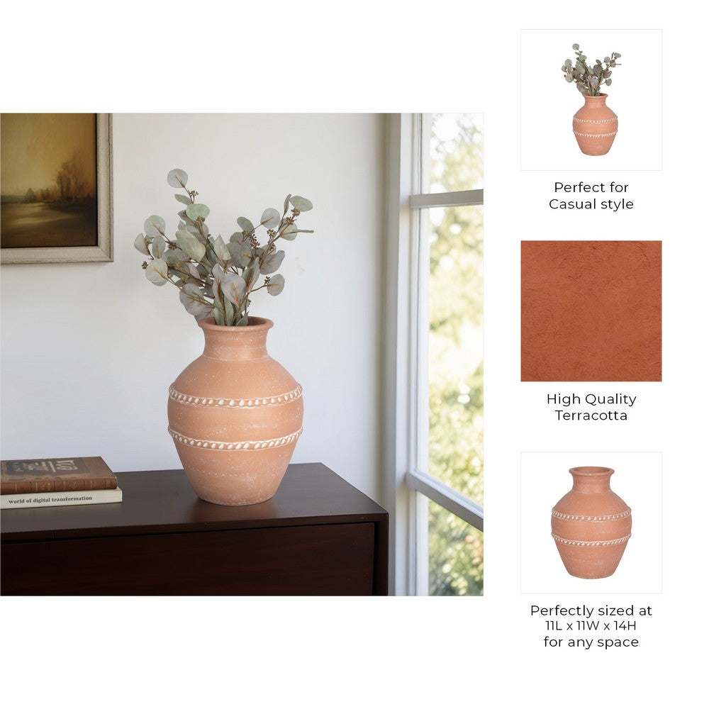 Decorative Vase | Red Terracotta with White Embossed Bands | 14"