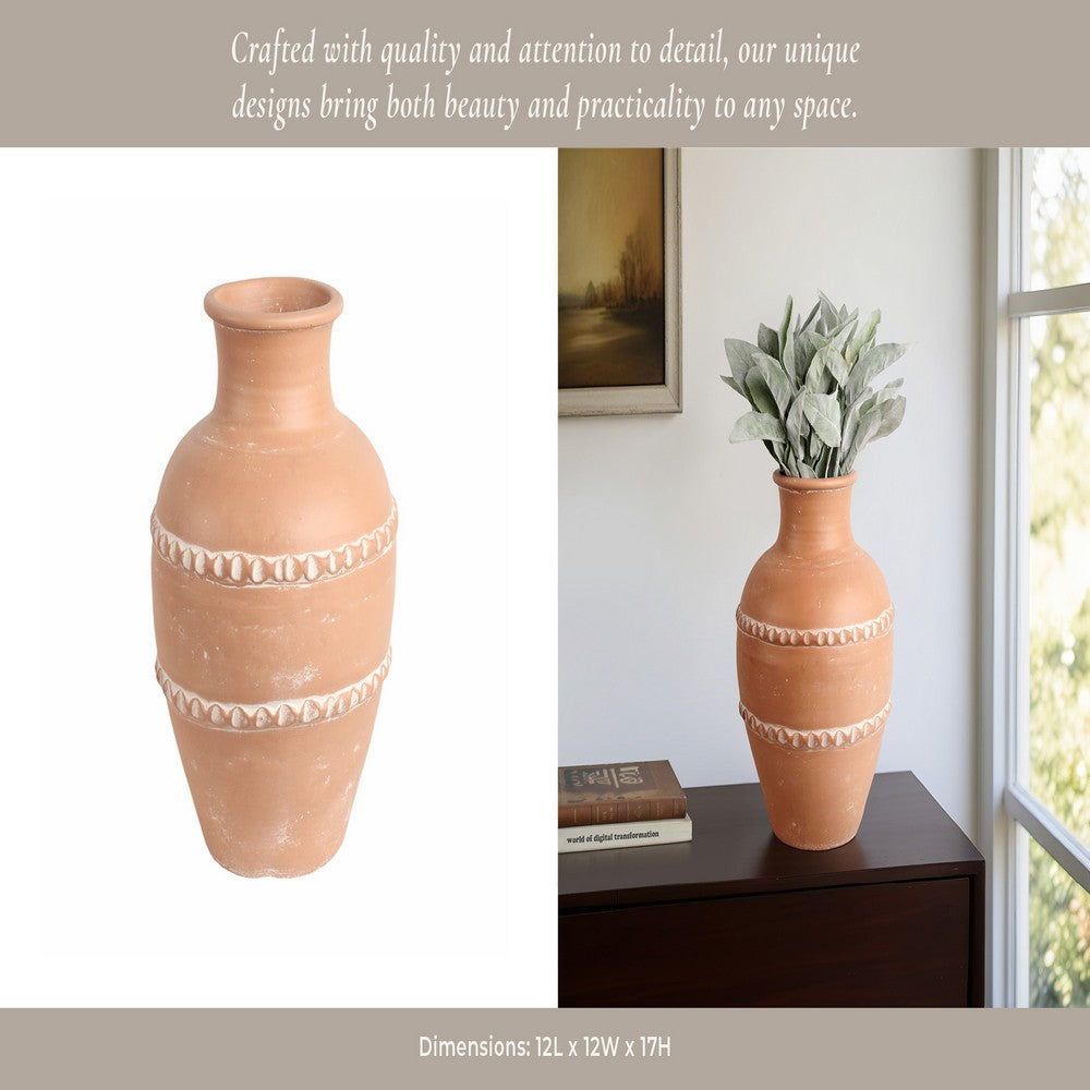 Wreno Traditional Decorative Vase | Round Body | Red Terracotta 17"