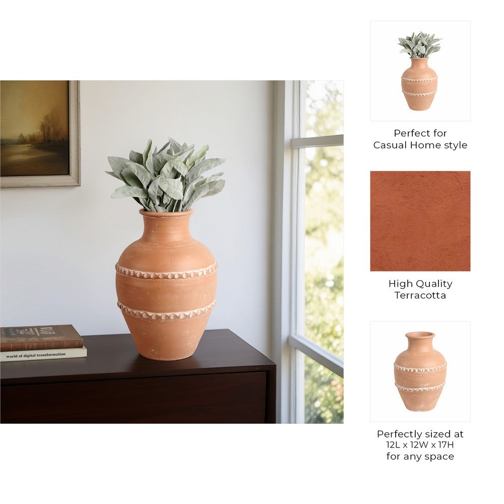 Wreno Traditional Decorative Vase | Round Body | Red Terracotta 17"