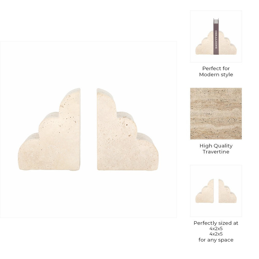 Modern Decorative Cloud Bookends Set of 2 | Tan Brown Sculptural Travertine