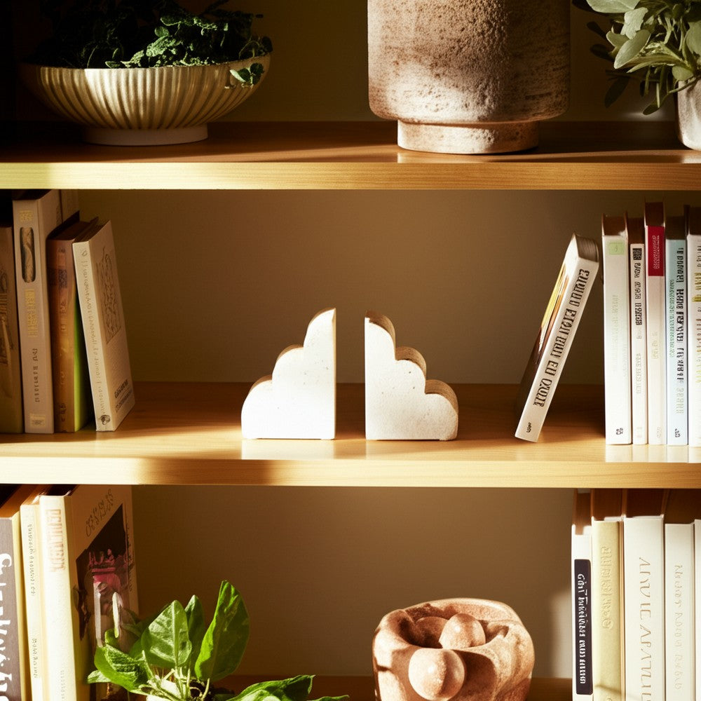 Modern Decorative Cloud Bookends Set of 2 | Tan Brown Sculptural Travertine